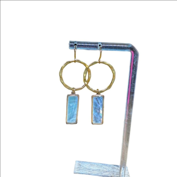 Gold Opalescent Dangle Earrings Iridescent Rectangle Gold Stainless Steel Hooks - Picture 2 of 4